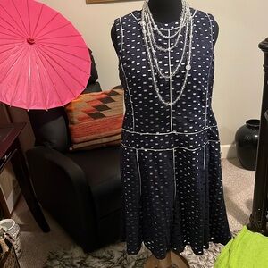 Navy and white drop waist dress by Anne Klein.